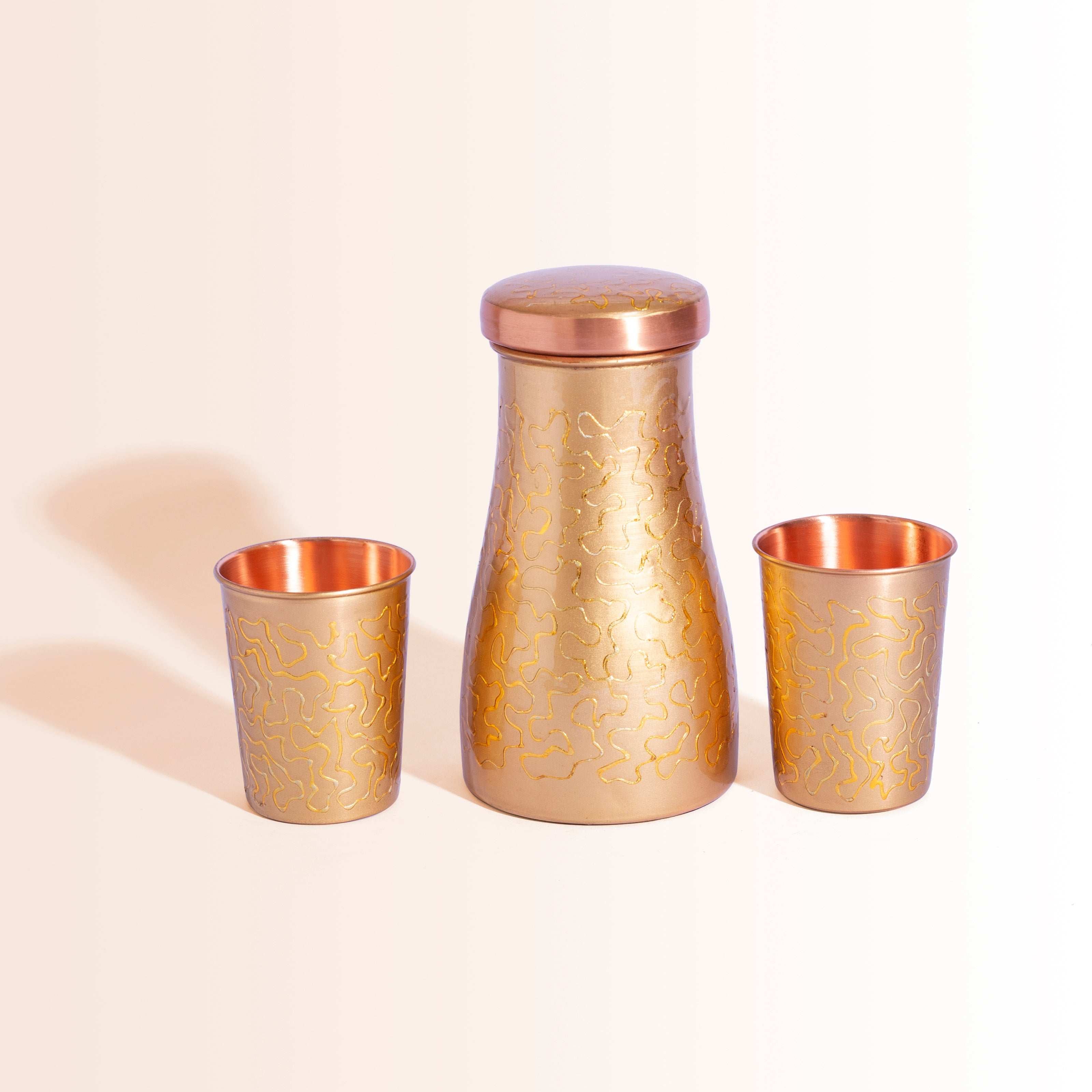 Modern 'Meena' Art Copper Carafe Set with 2 Tumblers | For Ayurvedic Hydration