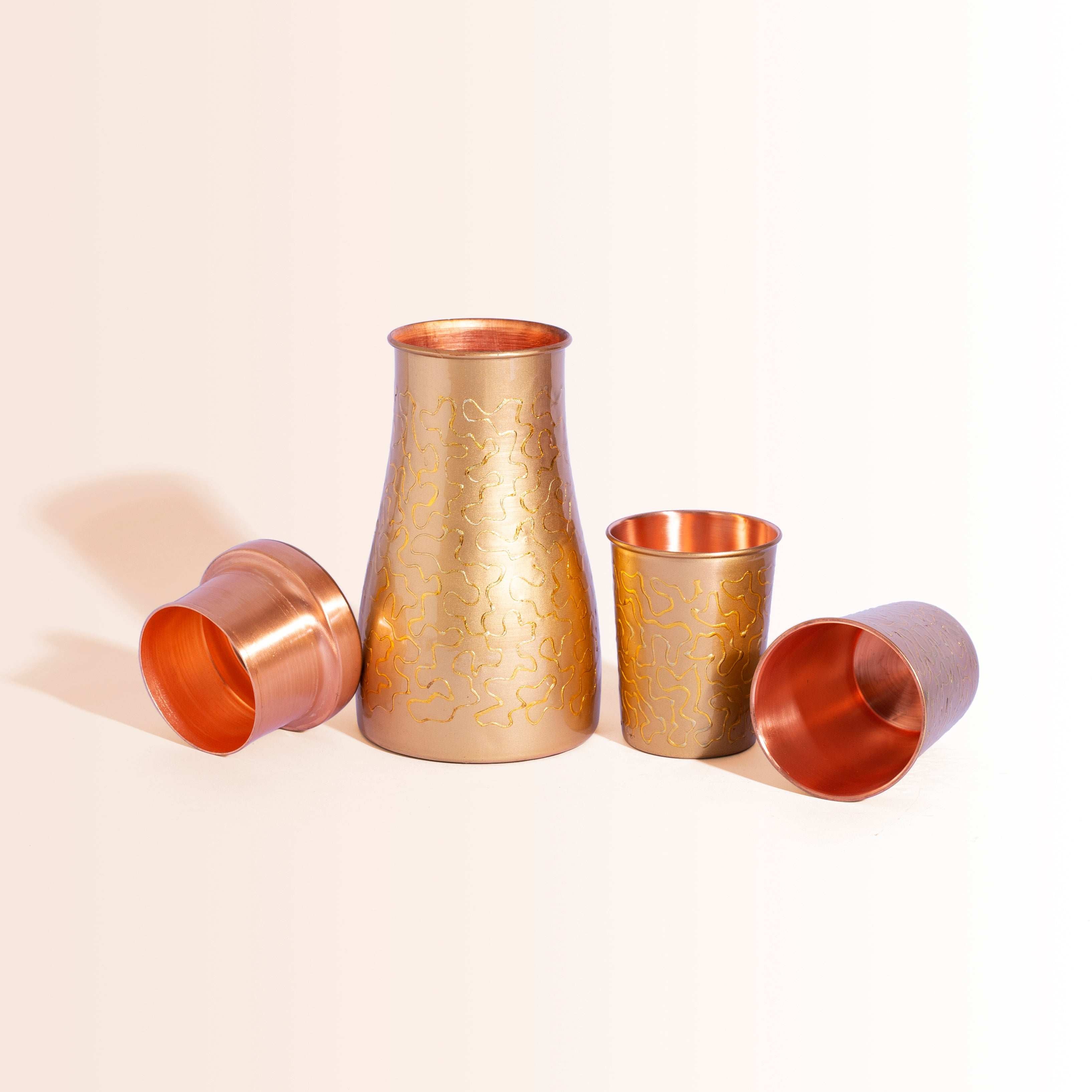 Modern 'Meena' Art Copper Carafe Set with 2 Tumblers | For Ayurvedic Hydration