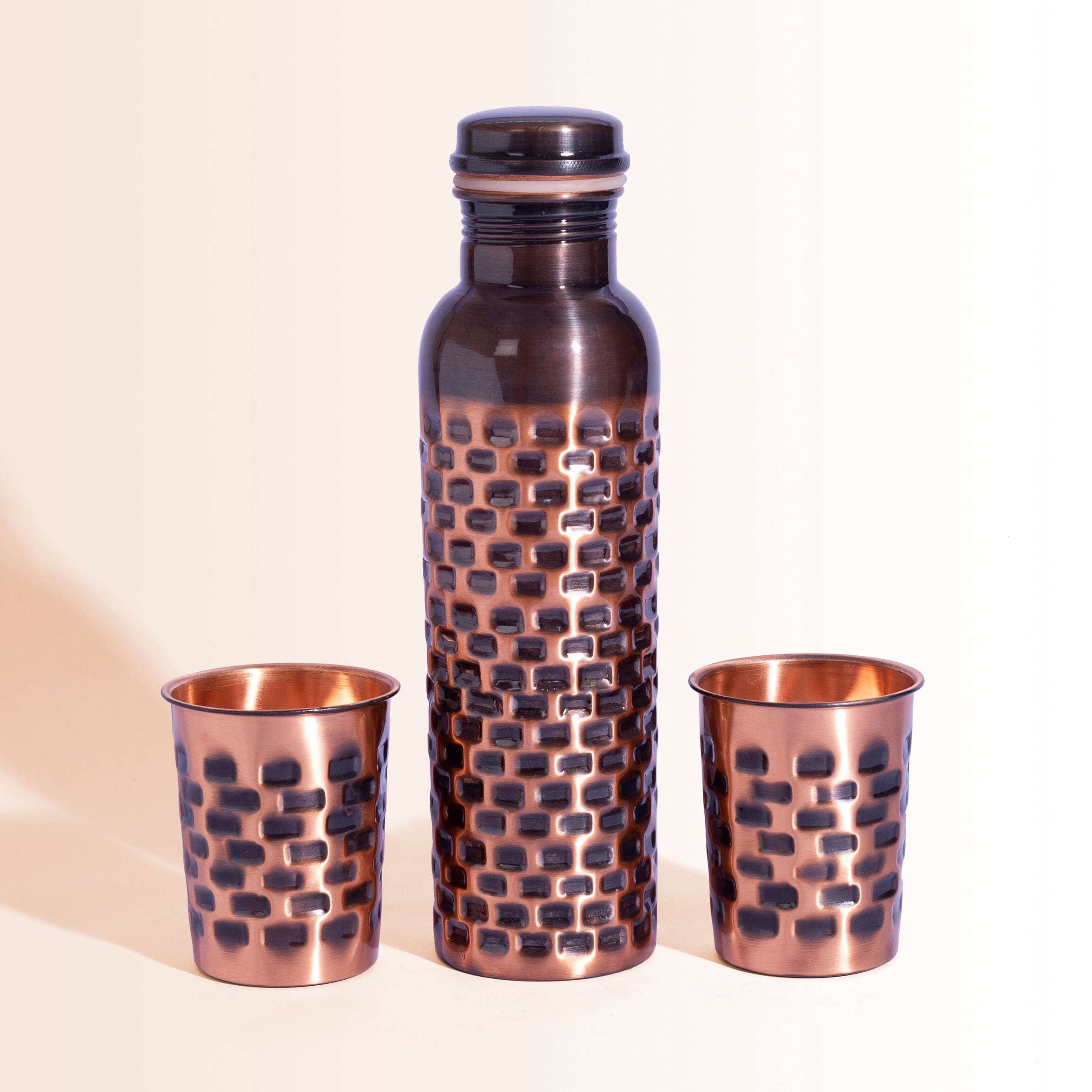 Antique Brick Pattern Copper Bottle & Tumbler Set | For Ayurvedic Health