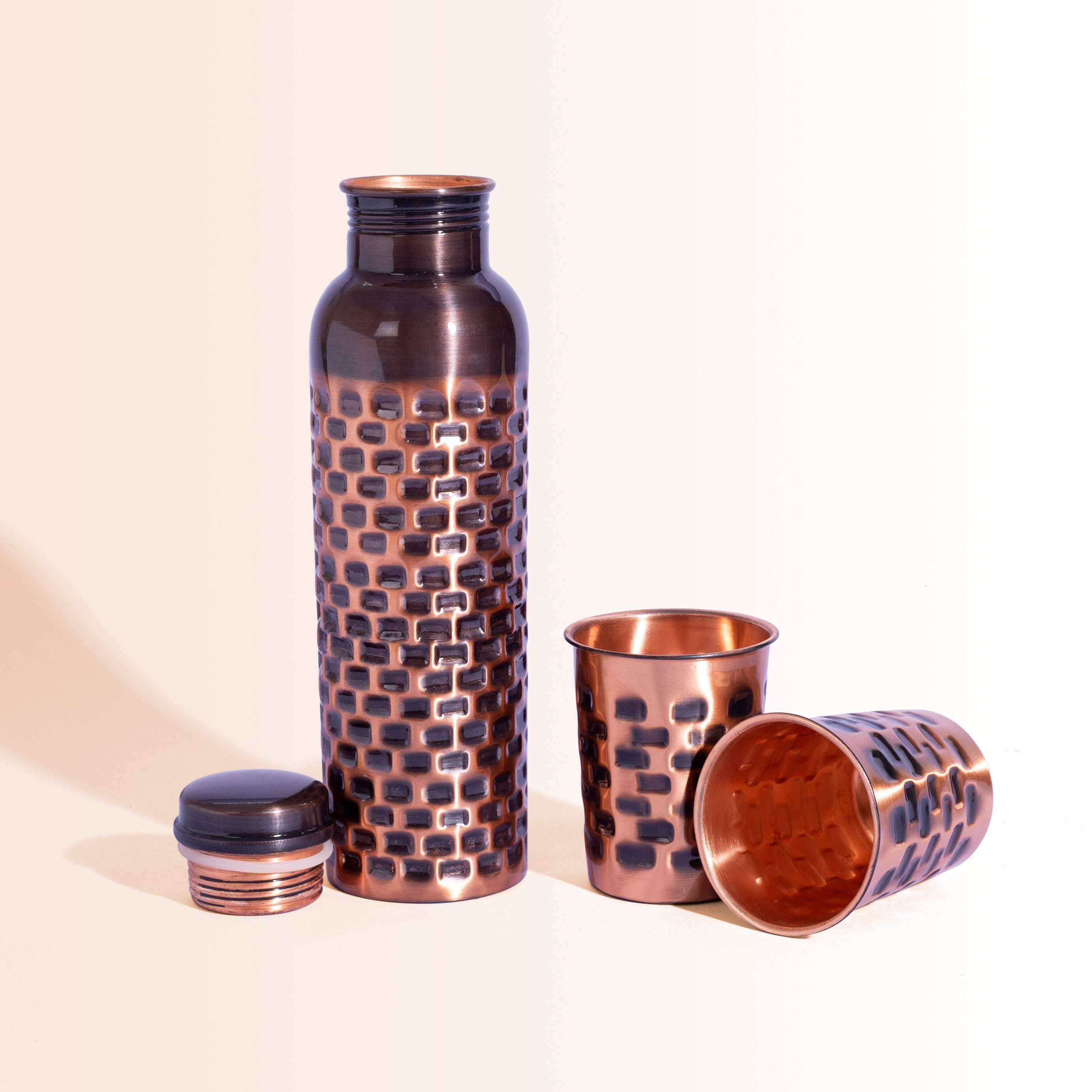 Antique Brick Pattern Copper Bottle & Tumbler Set | For Ayurvedic Health