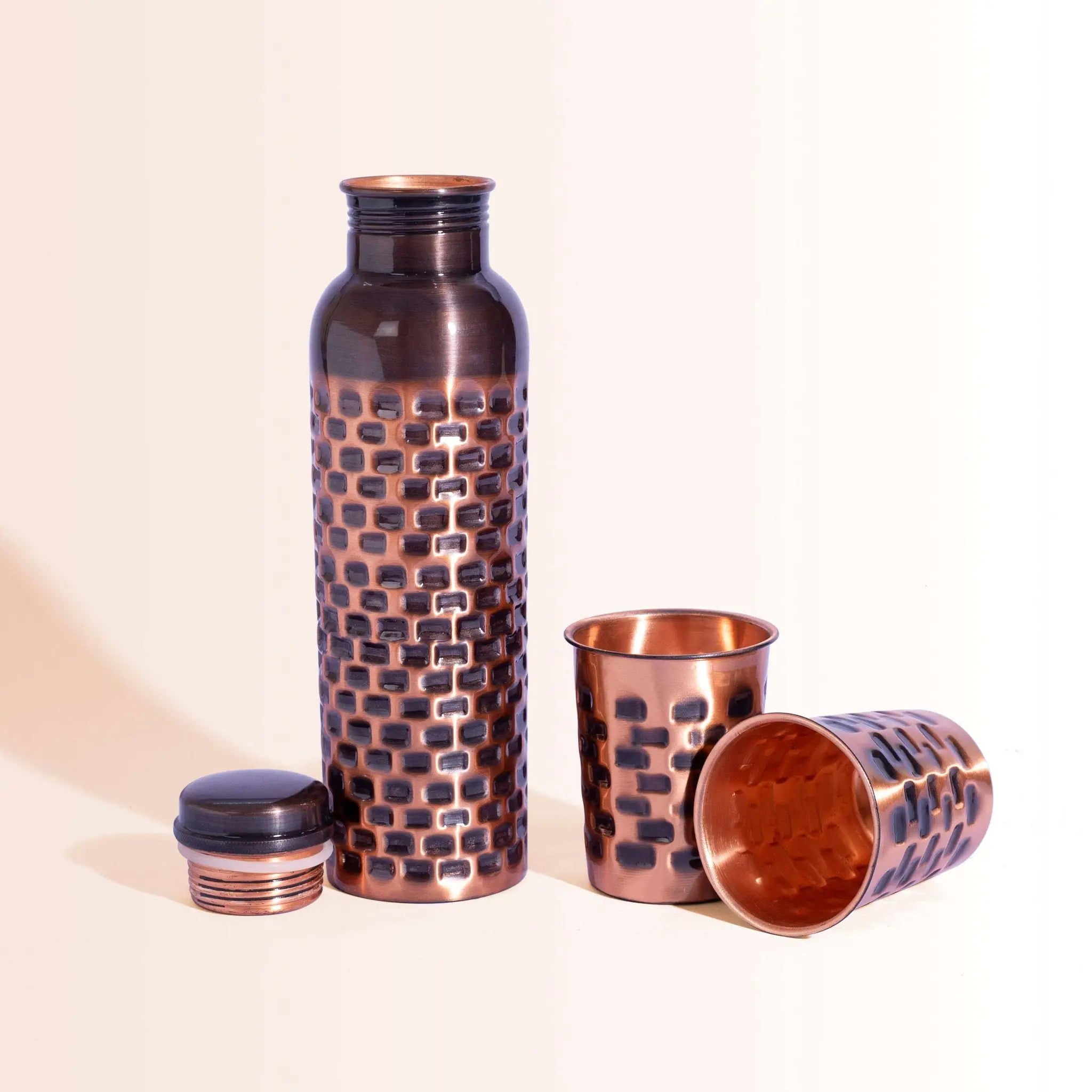 Antique Brick Pattern Copper Bottle & Tumbler Set | For Ayurvedic Health