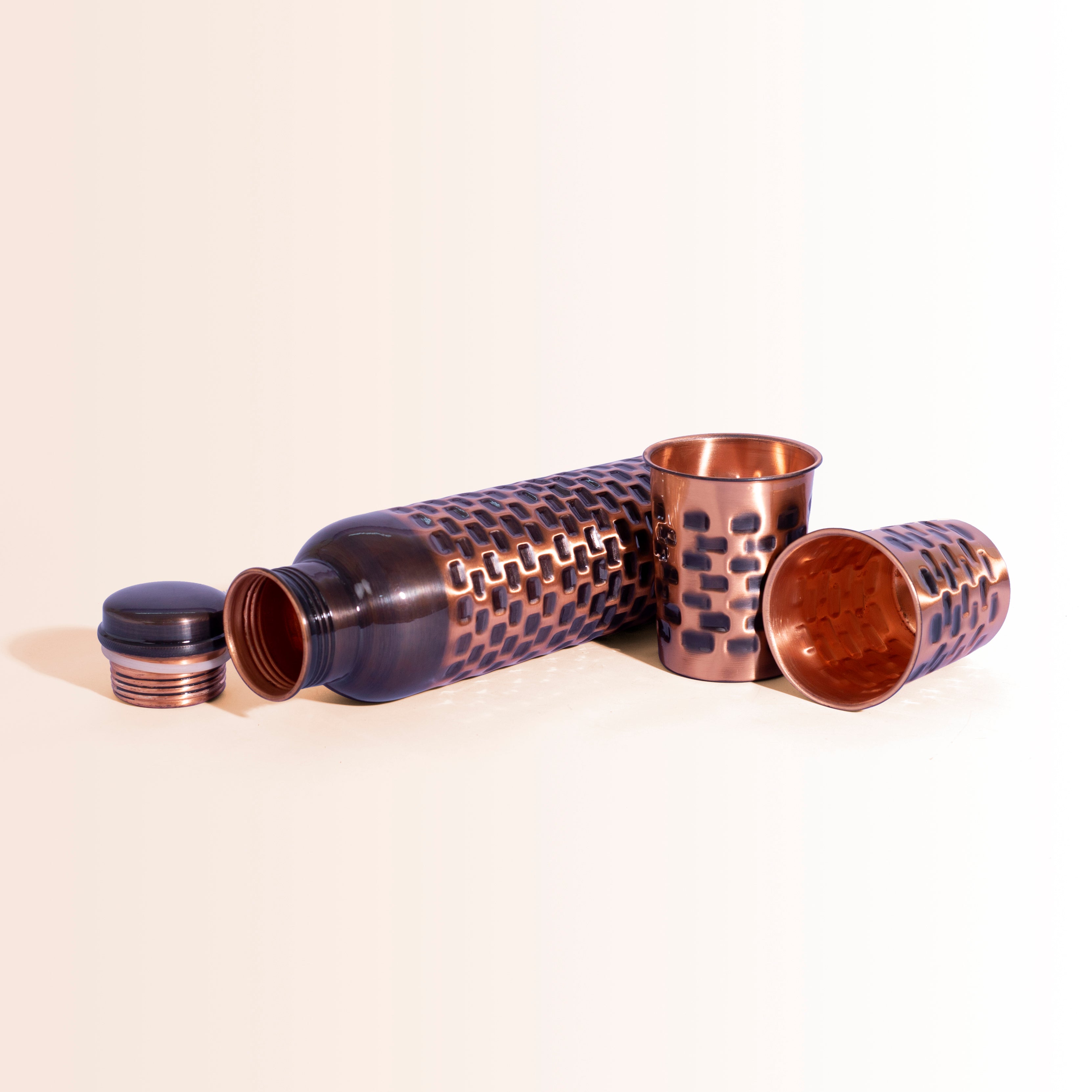 Antique Brick Pattern Copper Bottle & Tumbler Set | For Ayurvedic Health