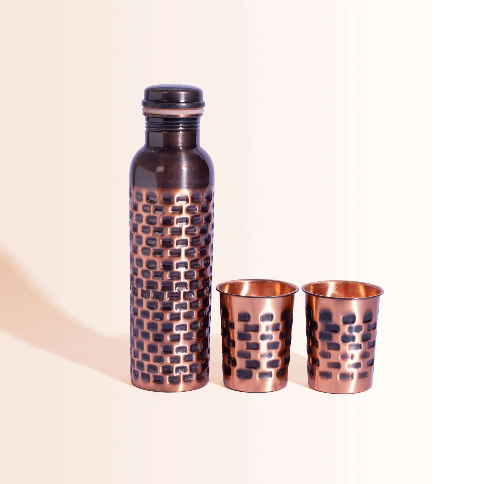 Antique Brick Pattern Copper Bottle & Tumbler Set | For Ayurvedic Health