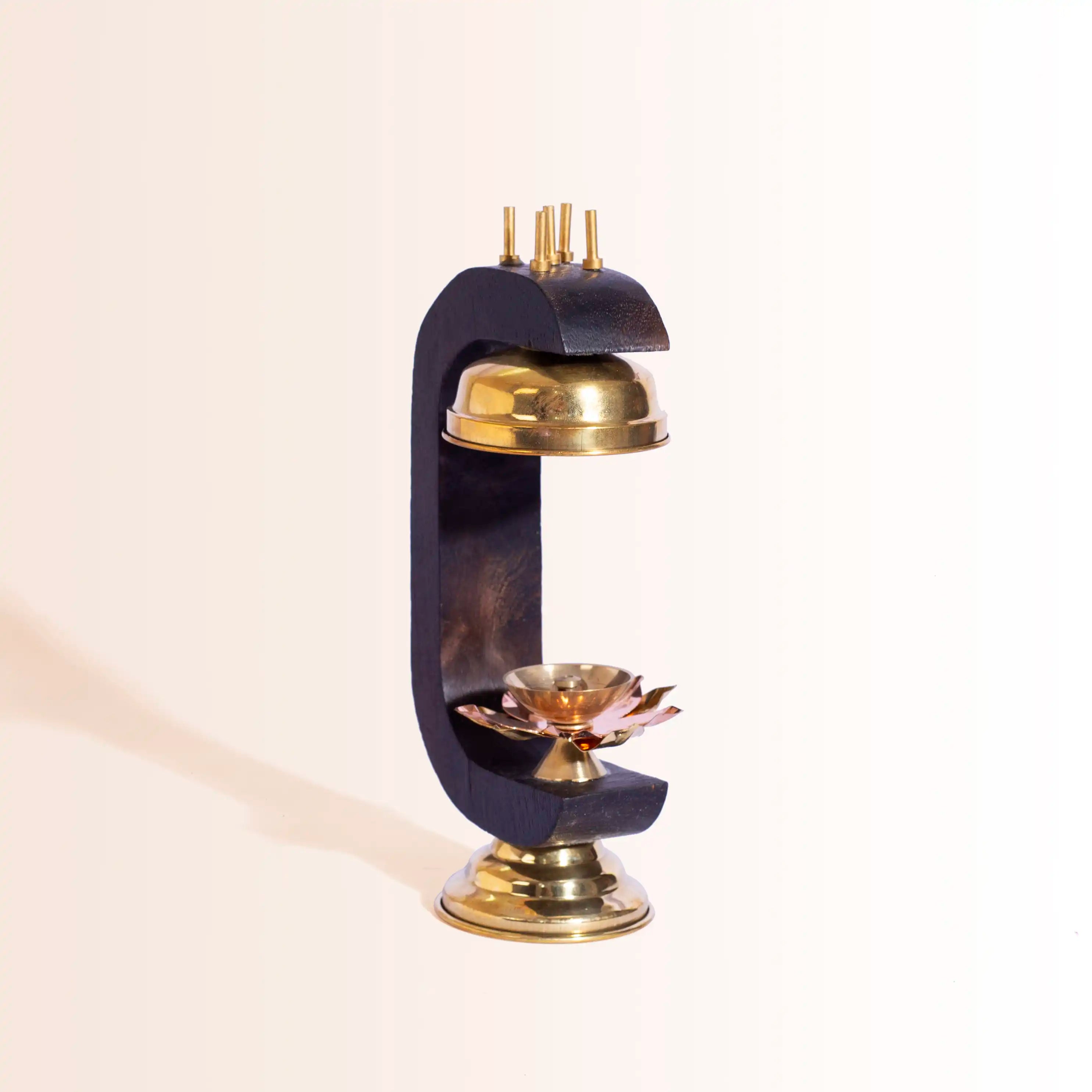 Modern All-in-One Puja Stand | Wood & Brass with Diya & Incense Holder