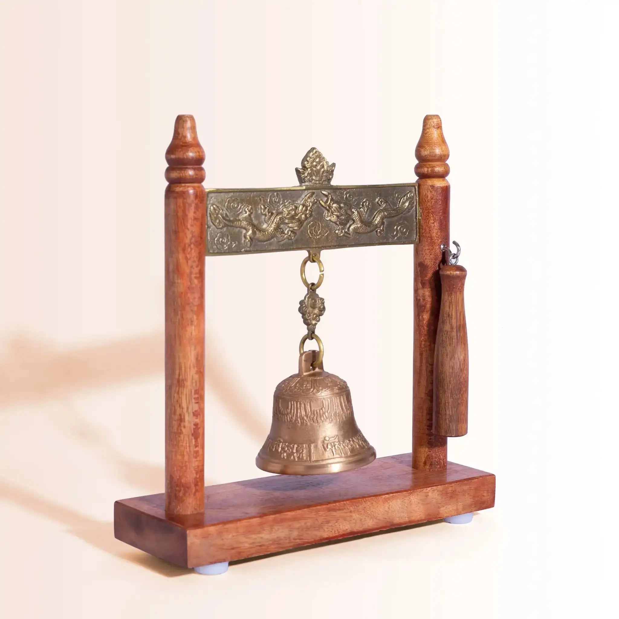 Large Wooden Frame Bell with Ornate Brass Dragons | For Meditation, Feng Shui & Decor