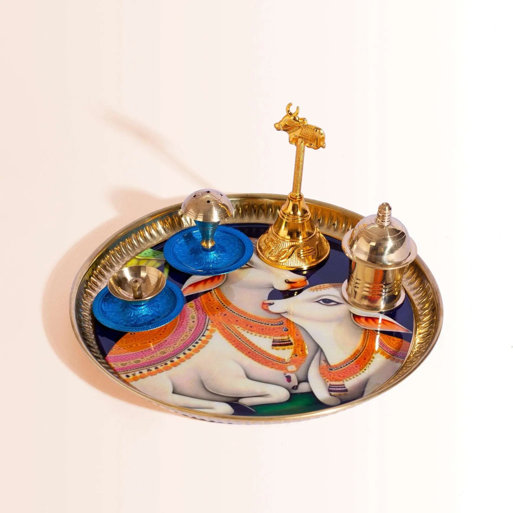 Complete Diwali Puja Gift Set with Cow & Calf Thali in Premium Pink Box