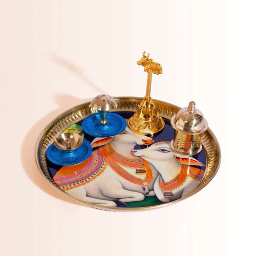 Complete Diwali Puja Gift Set with Cow & Calf Thali in Premium Pink Box