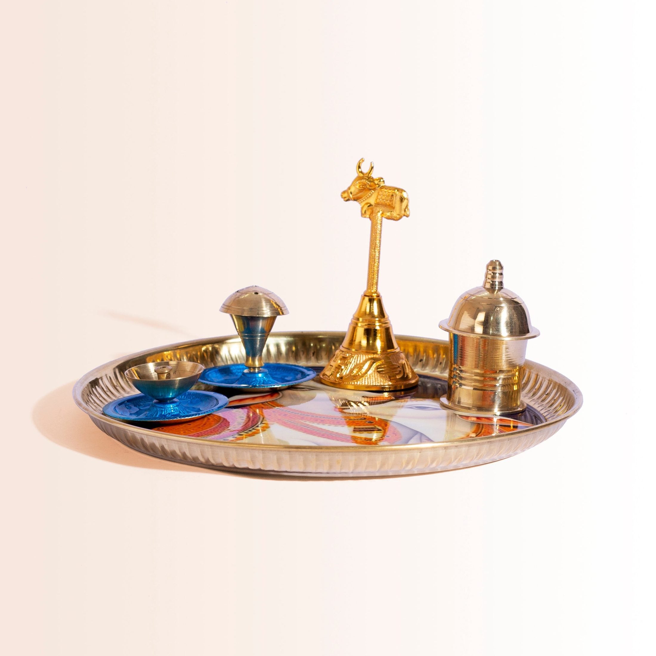 Complete Diwali Puja Gift Set with Cow & Calf Thali in Premium Pink Box