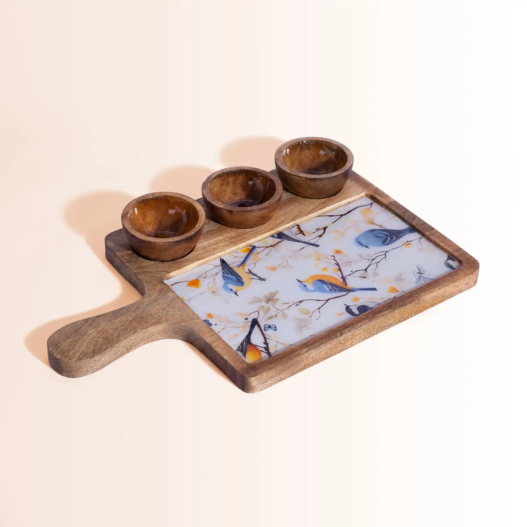 Artistic Wooden Serving Platter with 3 Bowls | Colorful Bird Print
