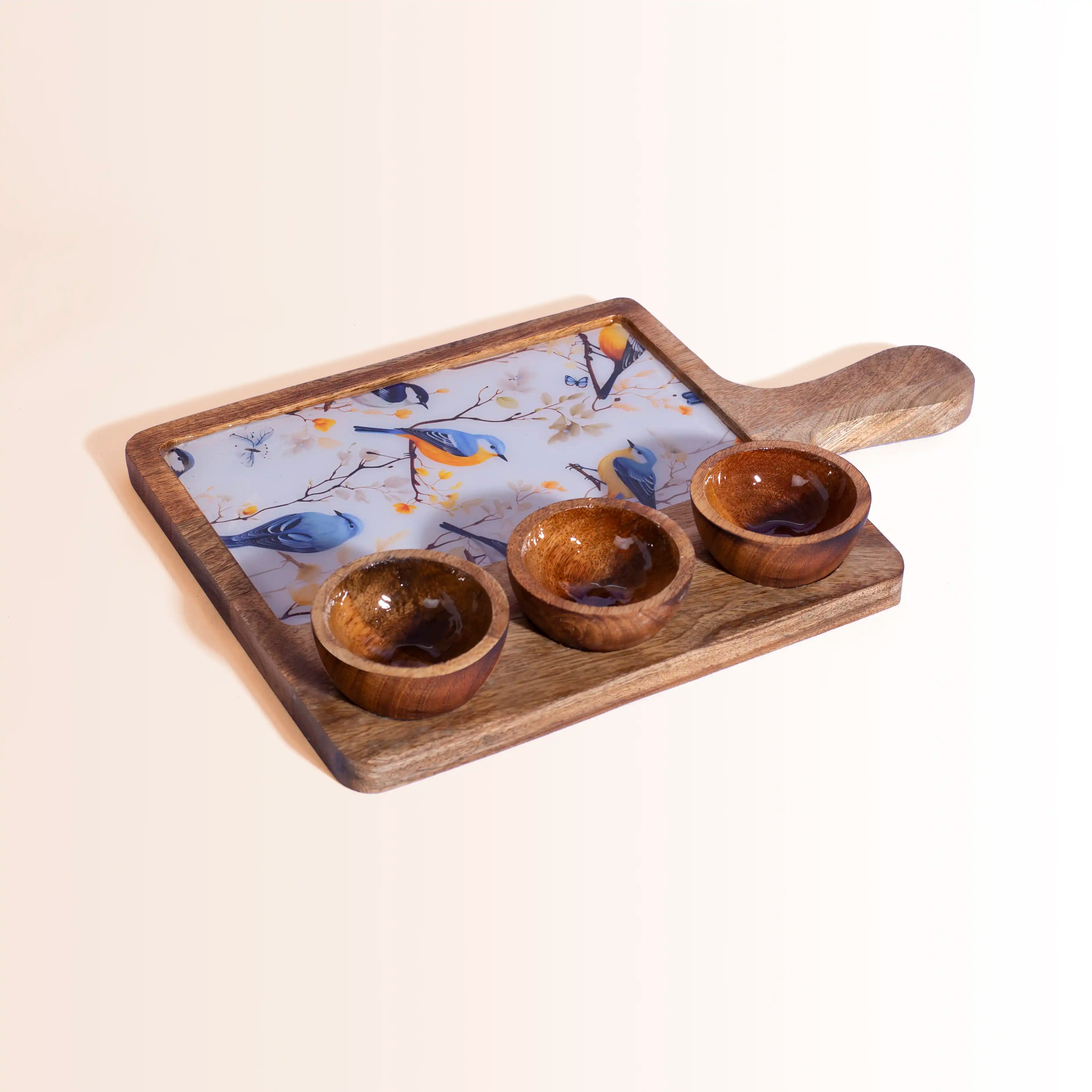 Artistic Wooden Serving Platter with 3 Bowls | Colorful Bird Print