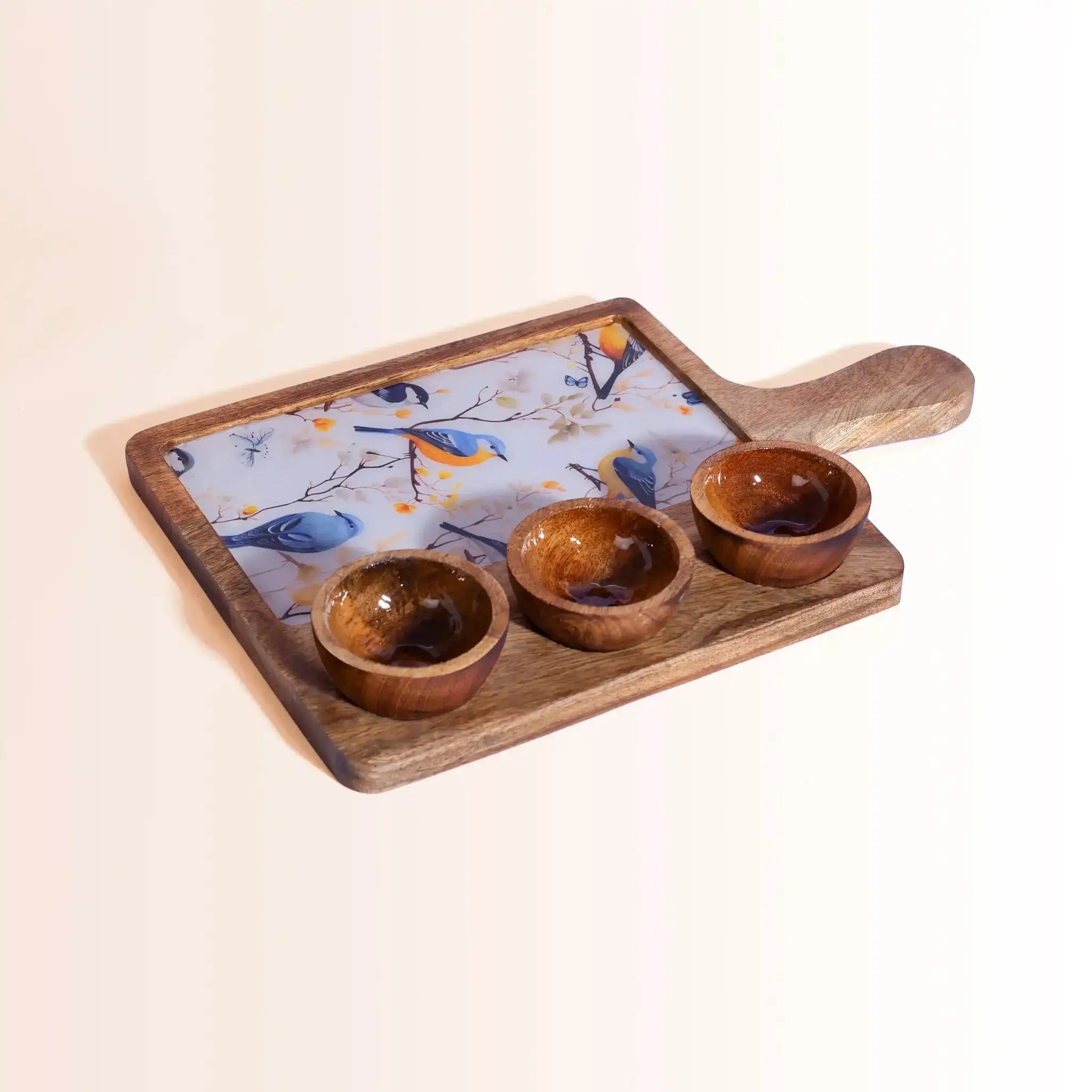 Artistic Wooden Serving Platter with 3 Bowls | Colorful Bird Print
