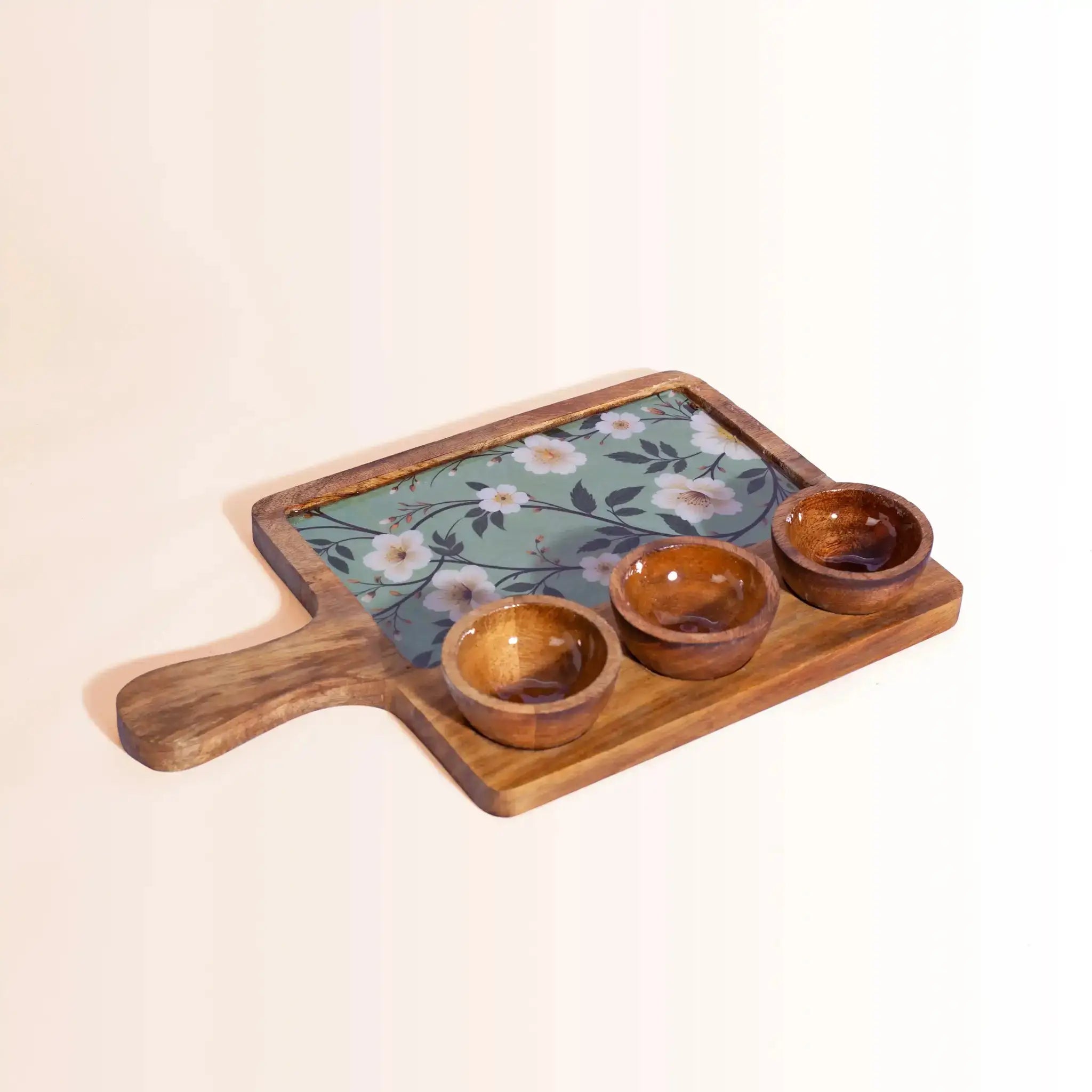 Elegant Wooden Serving Platter with 3 Bowls | Sage Green Floral Print