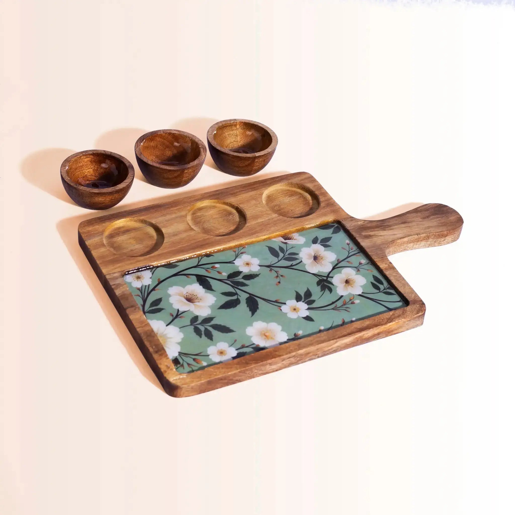 Elegant Wooden Serving Platter with 3 Bowls | Sage Green Floral Print