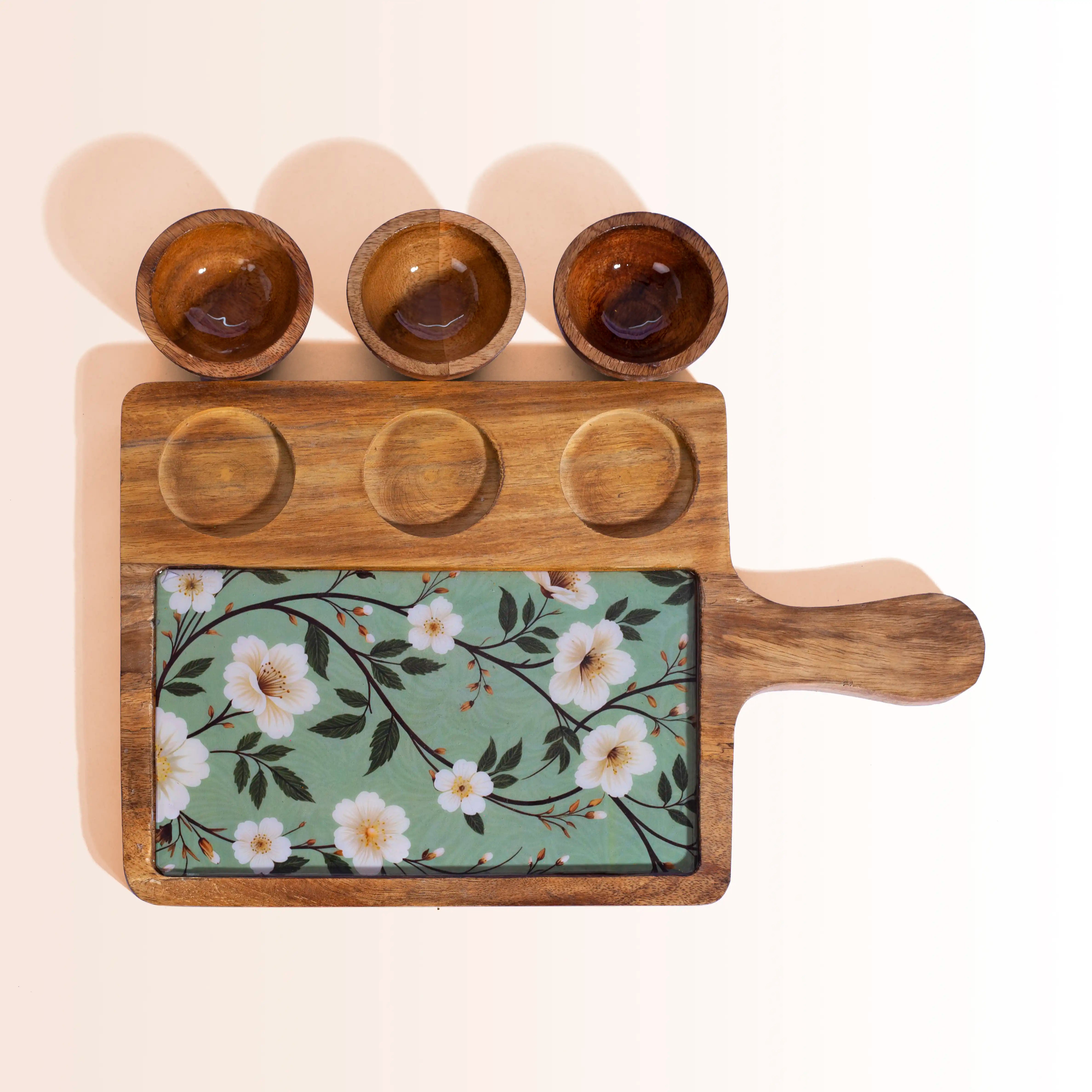 Elegant Wooden Serving Platter with 3 Bowls | Sage Green Floral Print