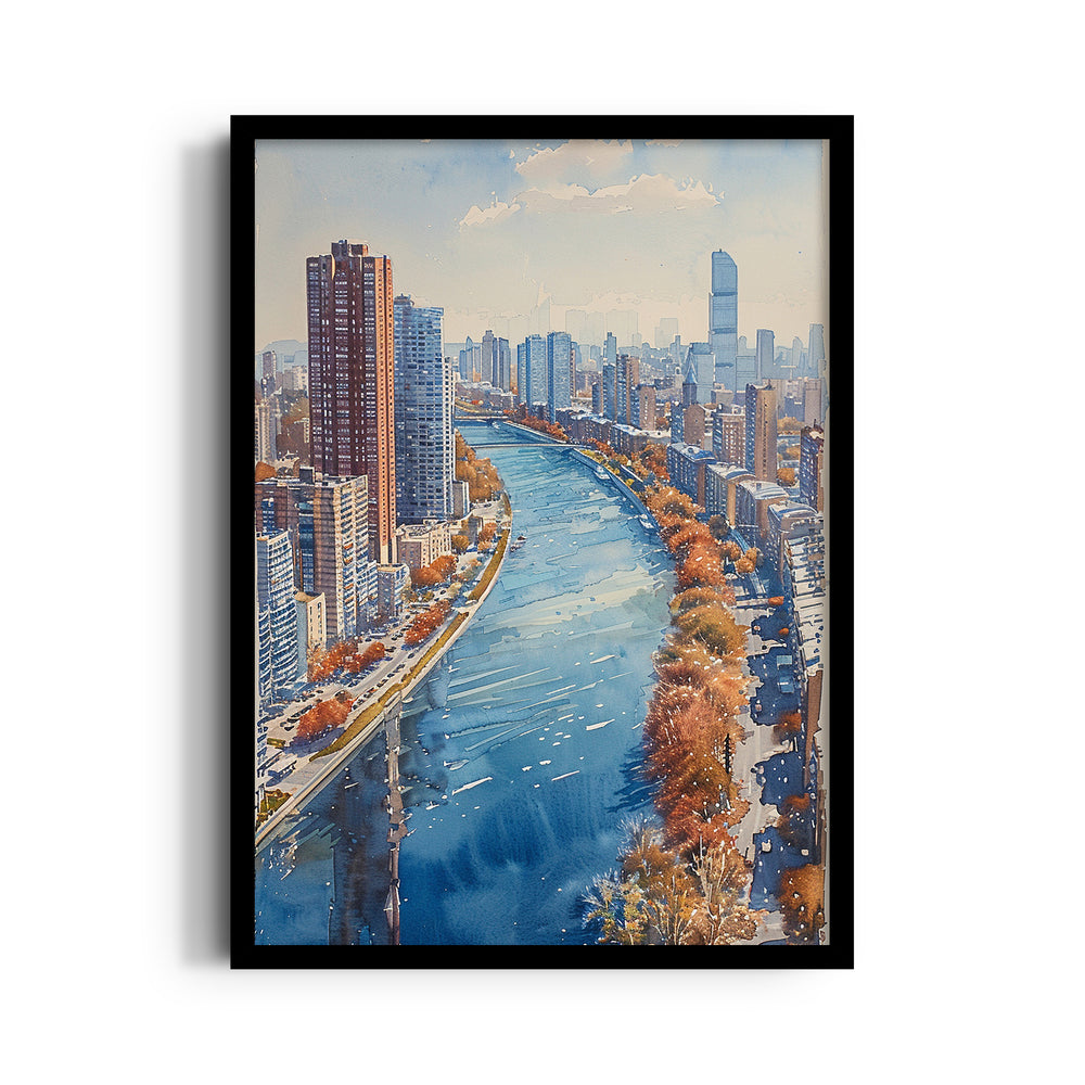 Watercolor River Cityscape ??? Modern Skyline Wall Art - Pillow Fights