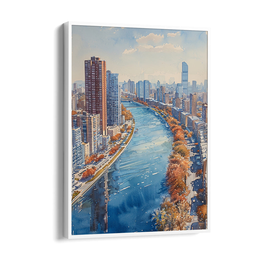 Watercolor River Cityscape ??? Modern Skyline Wall Art - Pillow Fights
