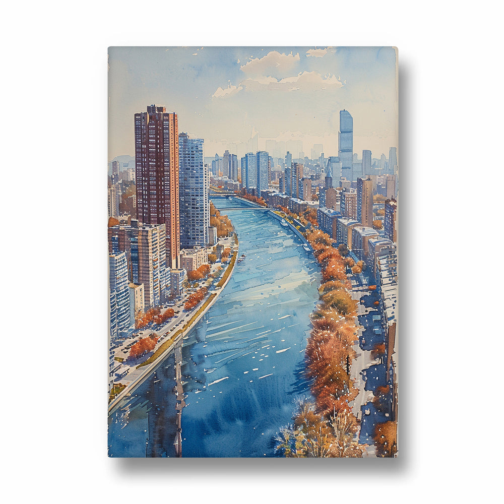 Watercolor River Cityscape ??? Modern Skyline Wall Art - Pillow Fights