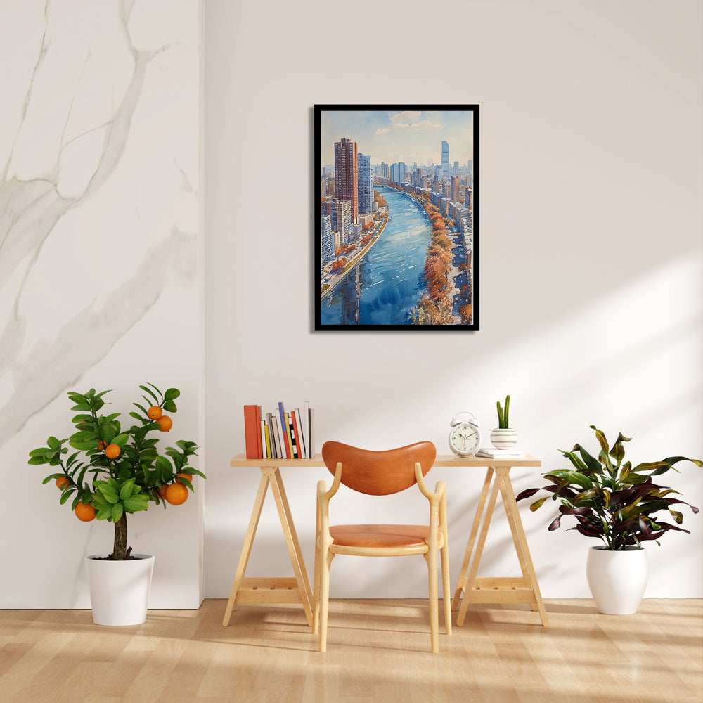 Watercolor River Cityscape ??? Modern Skyline Wall Art - Pillow Fights