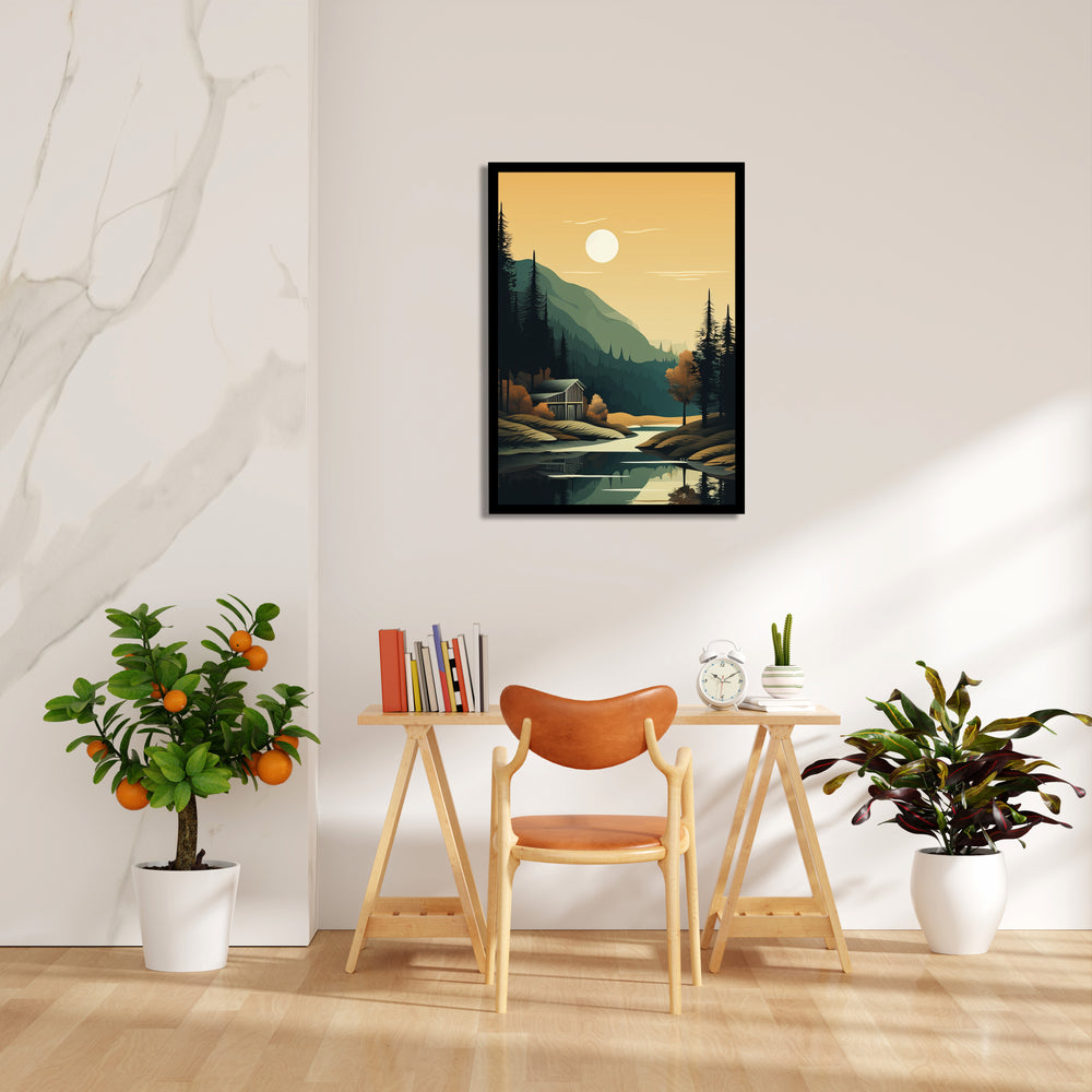 Golden Pines Cabin Reflection – Landscape Modern Wall Art - Pillow Fights