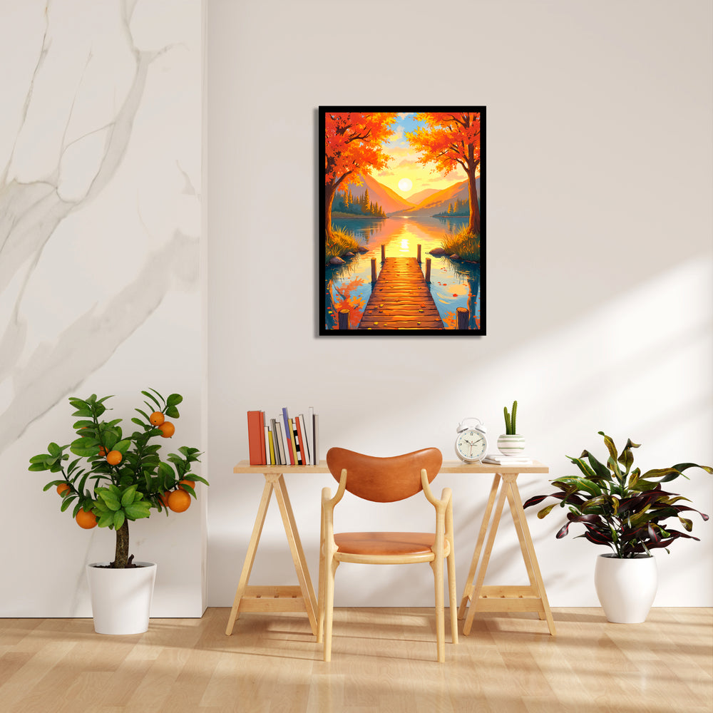 Autumn Lake Sunrise Pier - Landscape Modern Wall Art