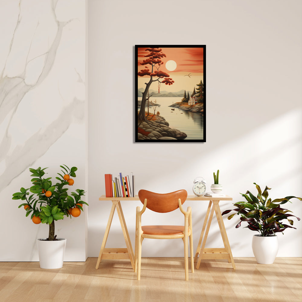 Crimson Lakeside Serenity – Landscape Modern Wall Art - Pillow Fights