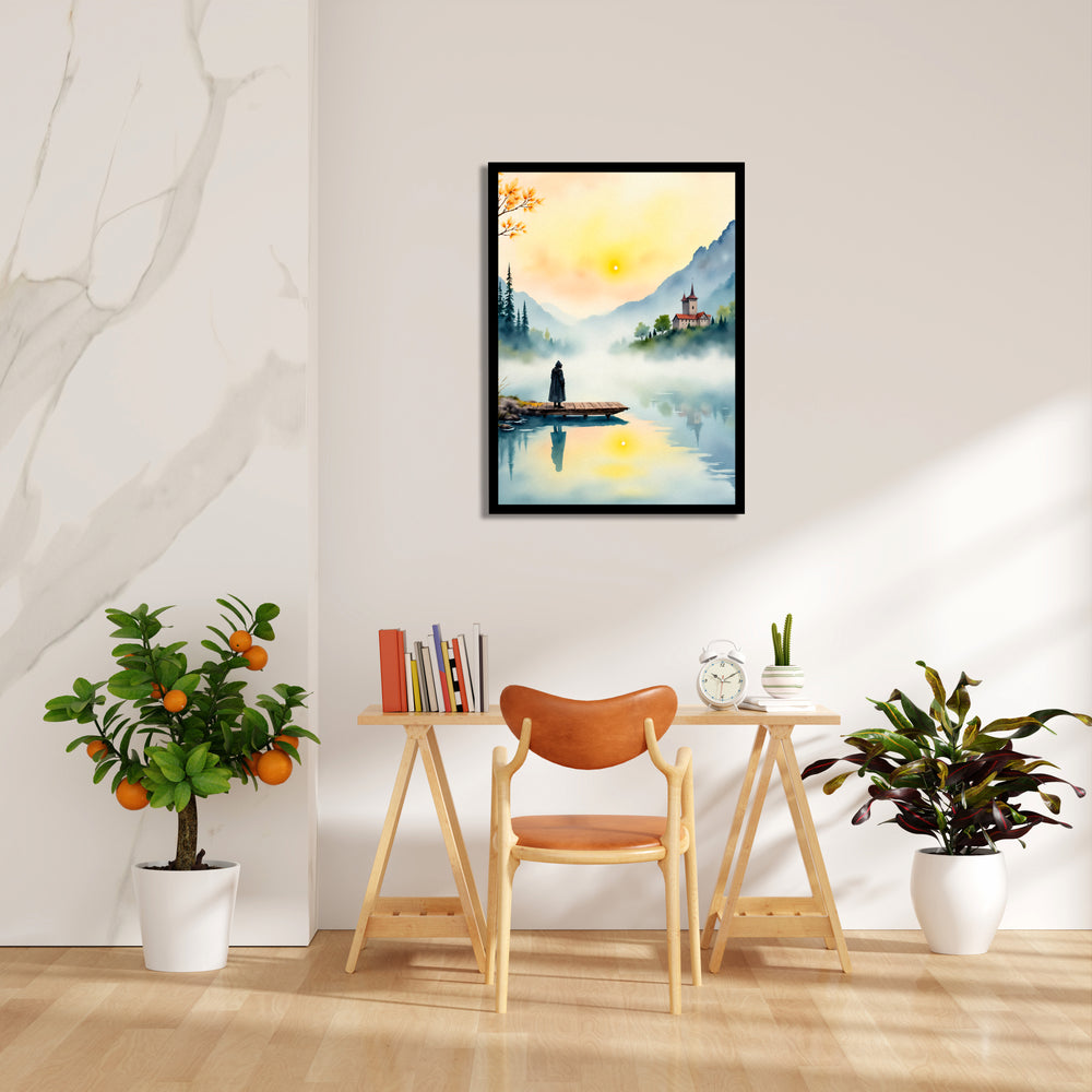 Misty Castle Lake Reverie - Landscape Modern Wall Art