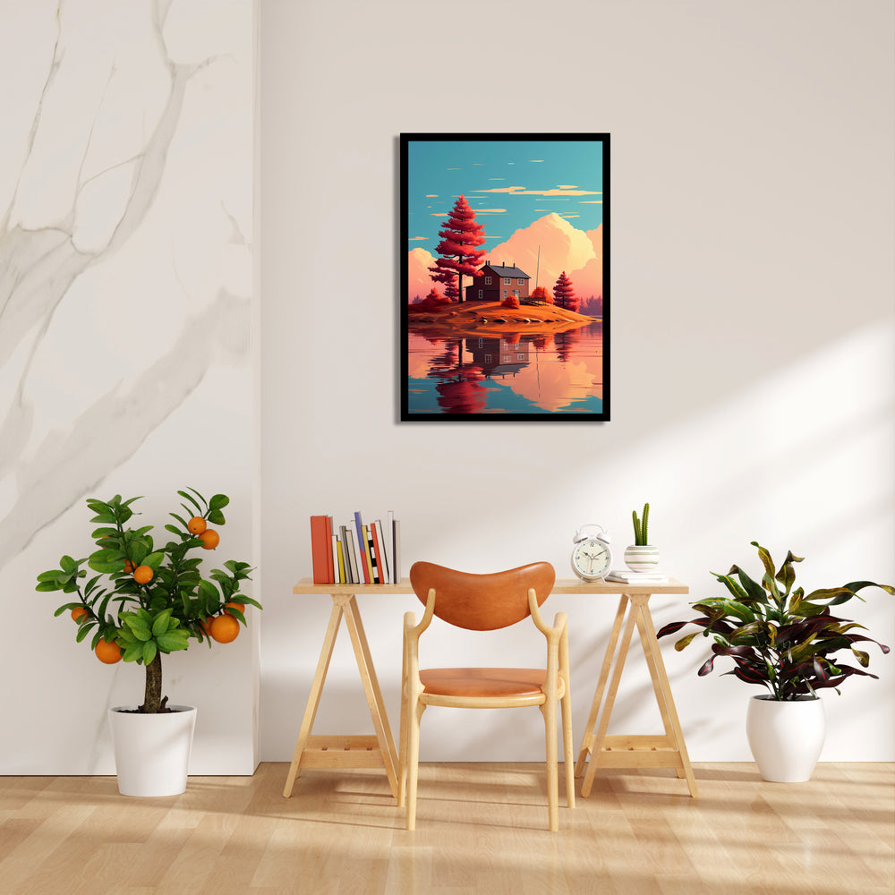 Scarlet Island Cabin Reflection – Landscape Modern Wall Art - Pillow Fights