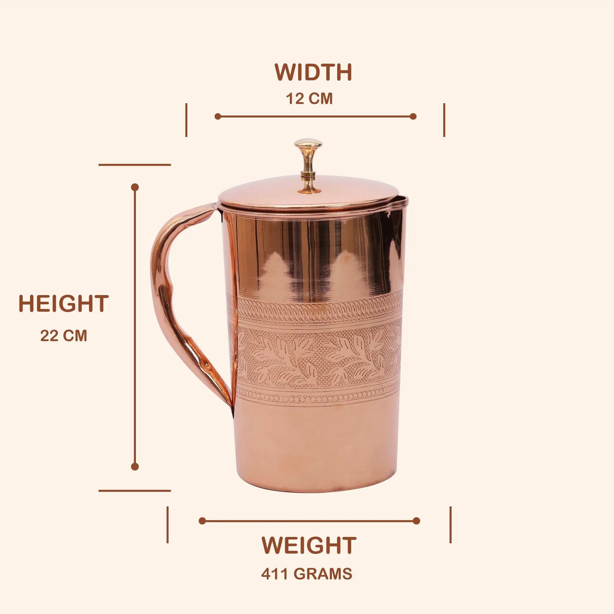 Elegant Embossed Copper Jug with Lid (1 Litre)