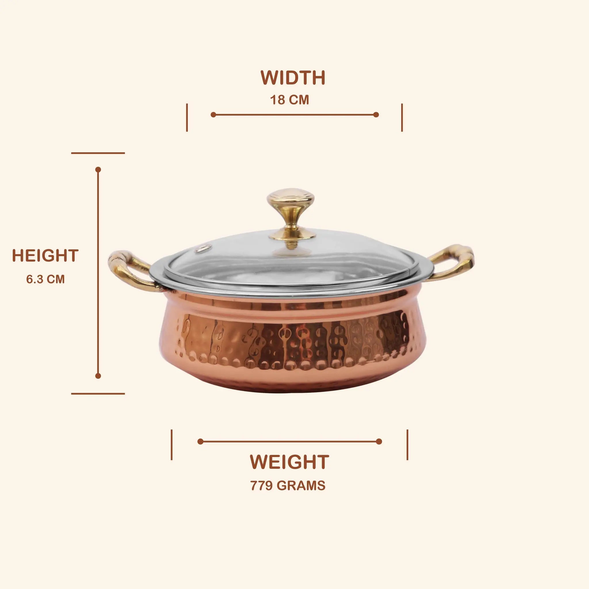 Large Copper & Steel Serving Handi with Glass Lid