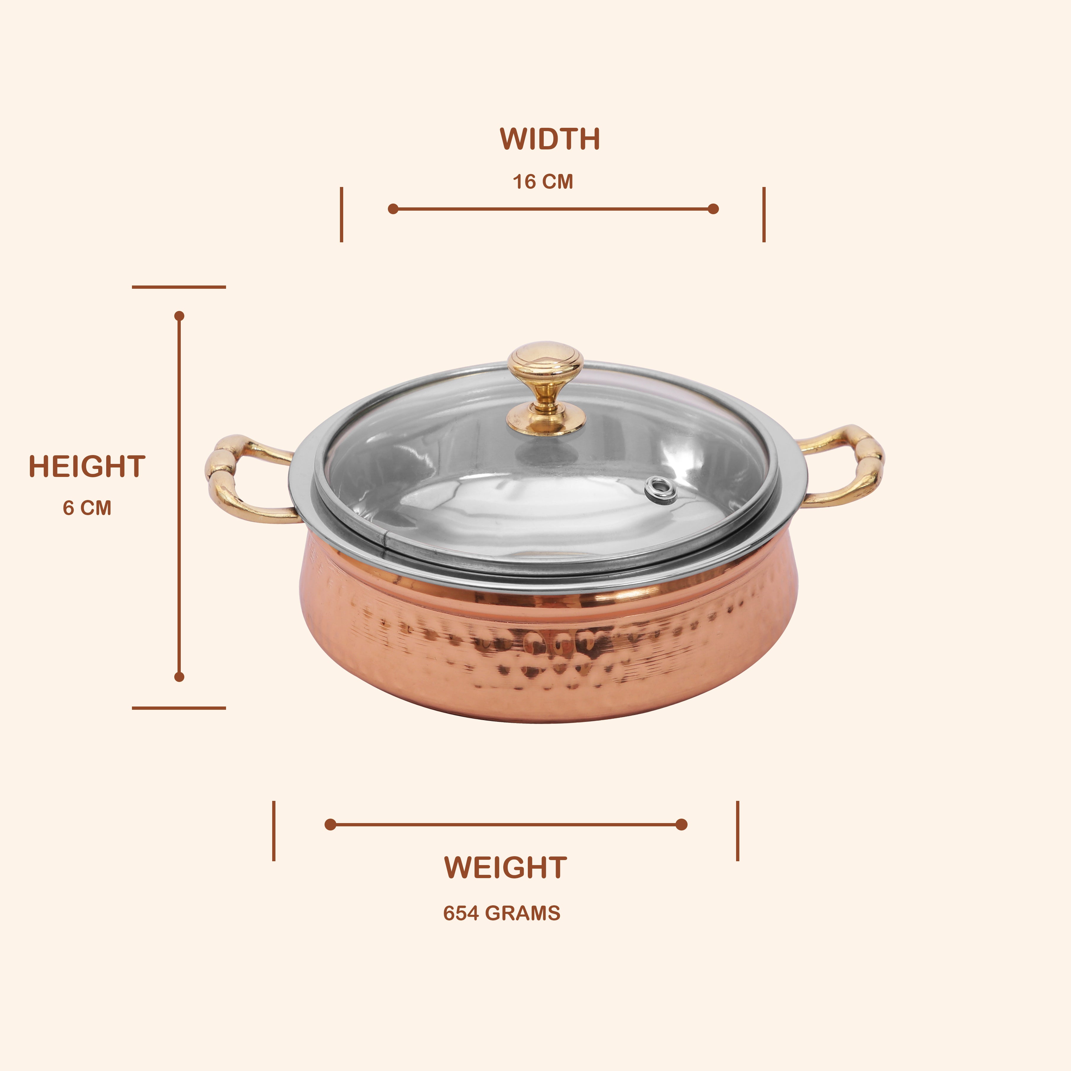 Elegant Copper & Steel Serving Handi with Glass Lid & Brass Handles