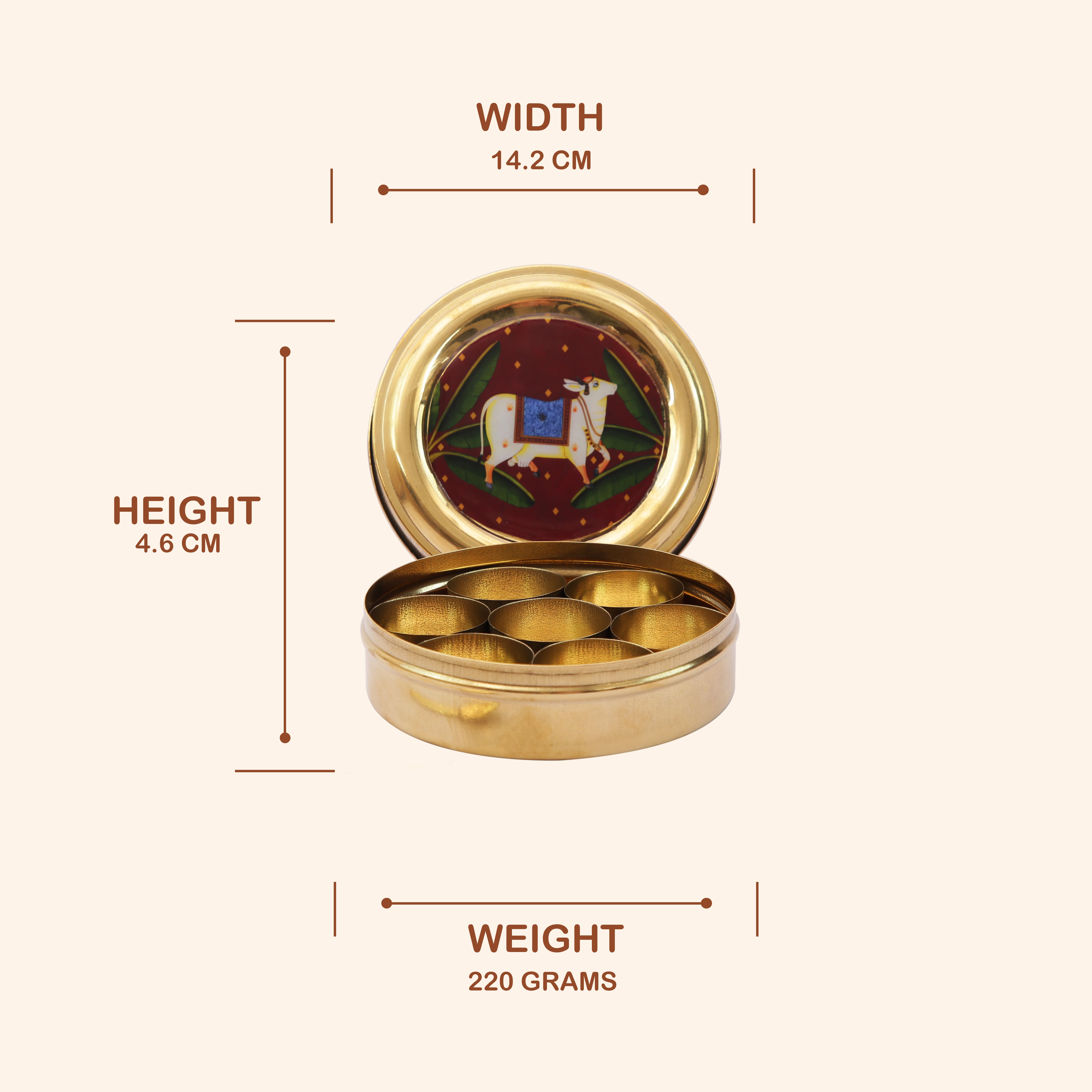 Traditional Brass Masala Dabba (Spice Box) with Sacred Cow Lid