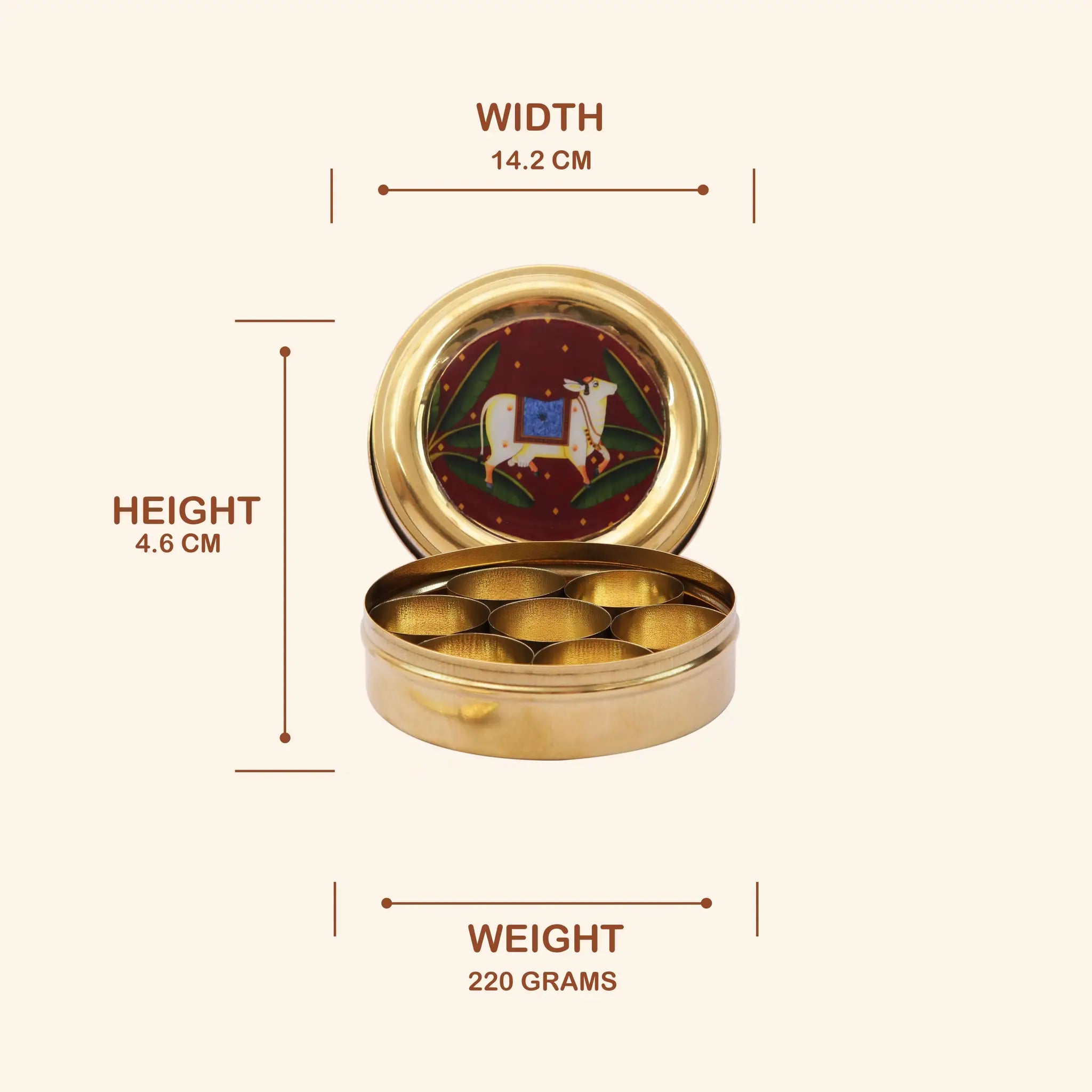 Traditional Brass Masala Dabba (Spice Box) with Sacred Cow Lid
