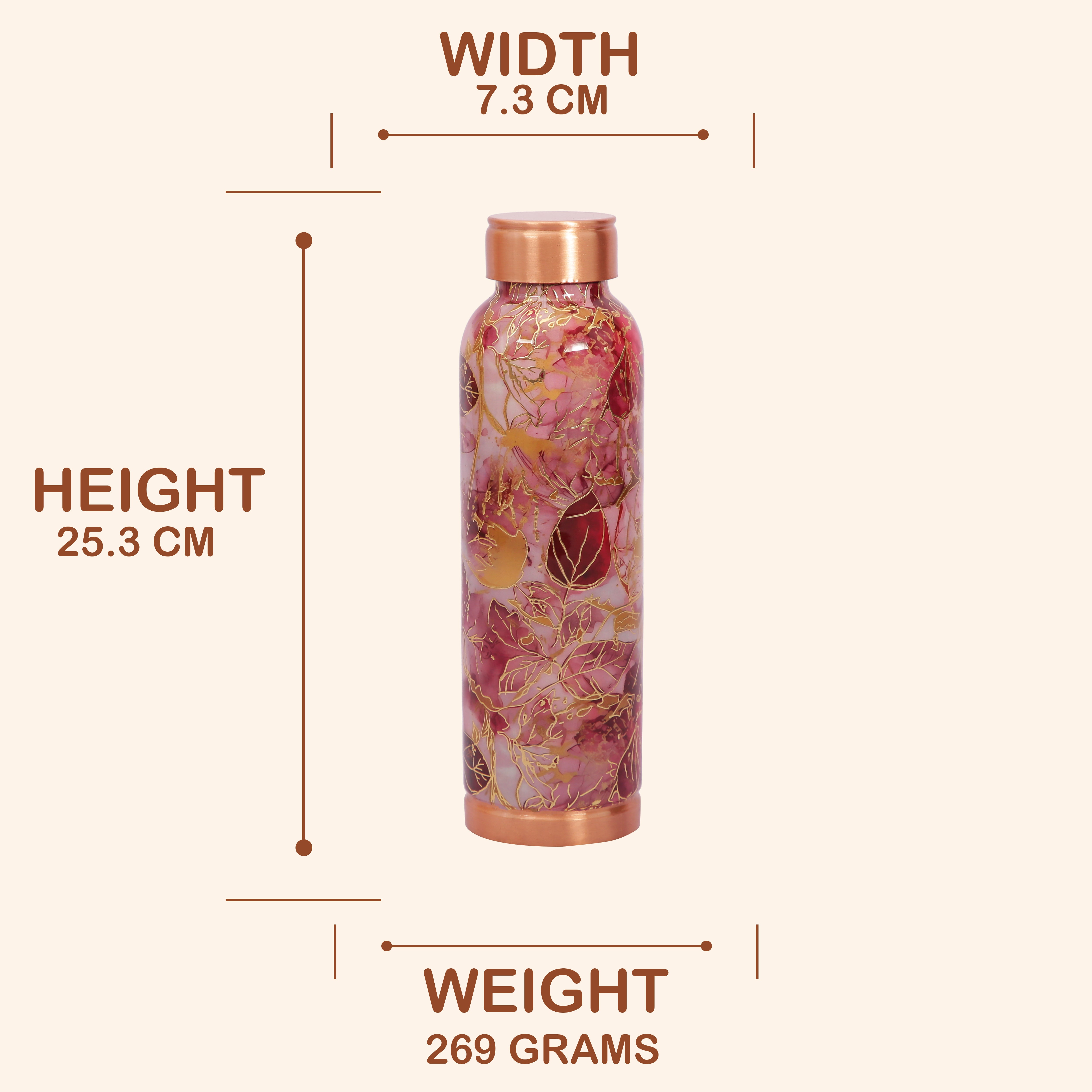 Elegant Maroon & Gold Leaf Print Copper Bottle, 900 ml